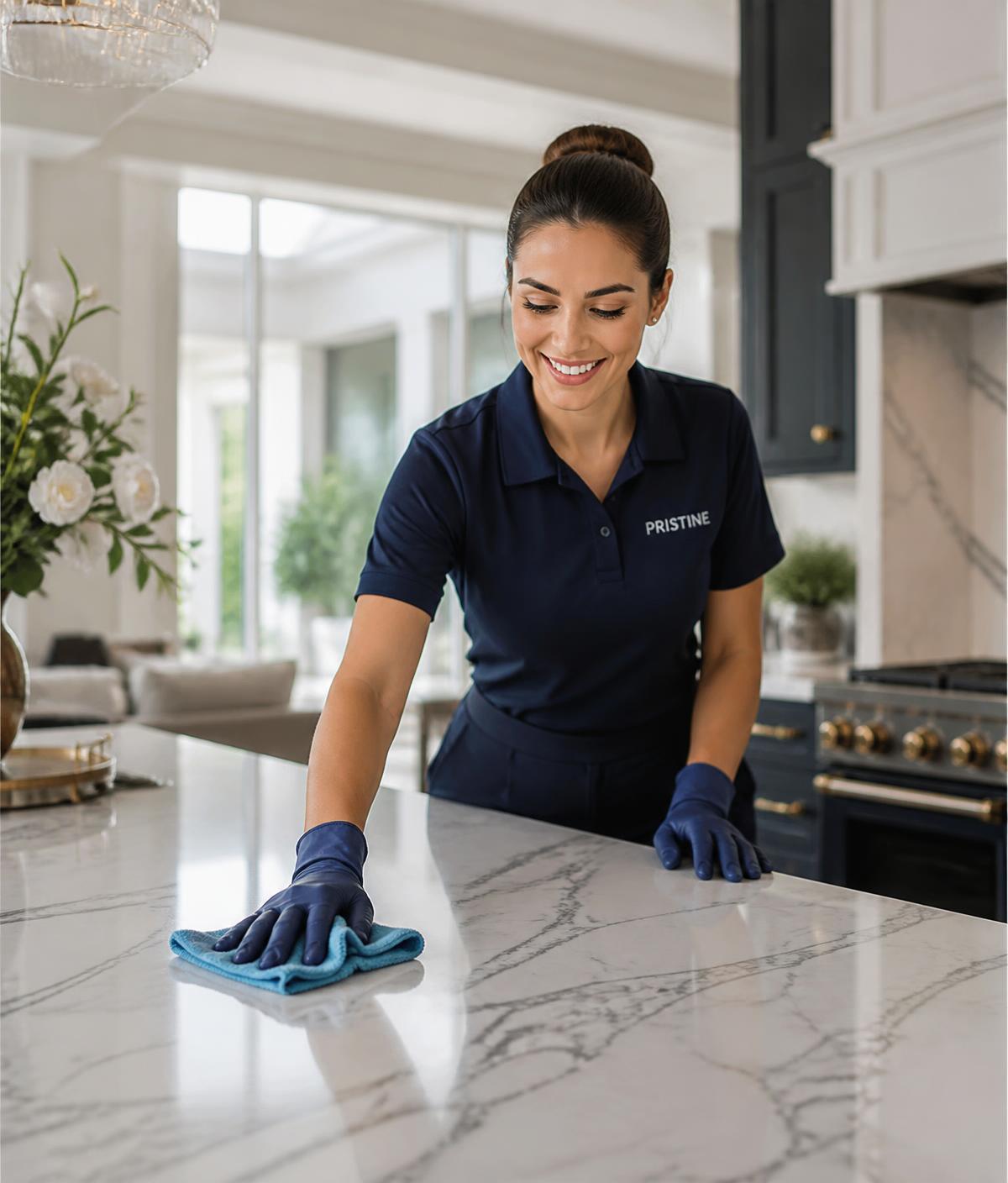 Professional cleaner polishing a marble counter in a Dallas home